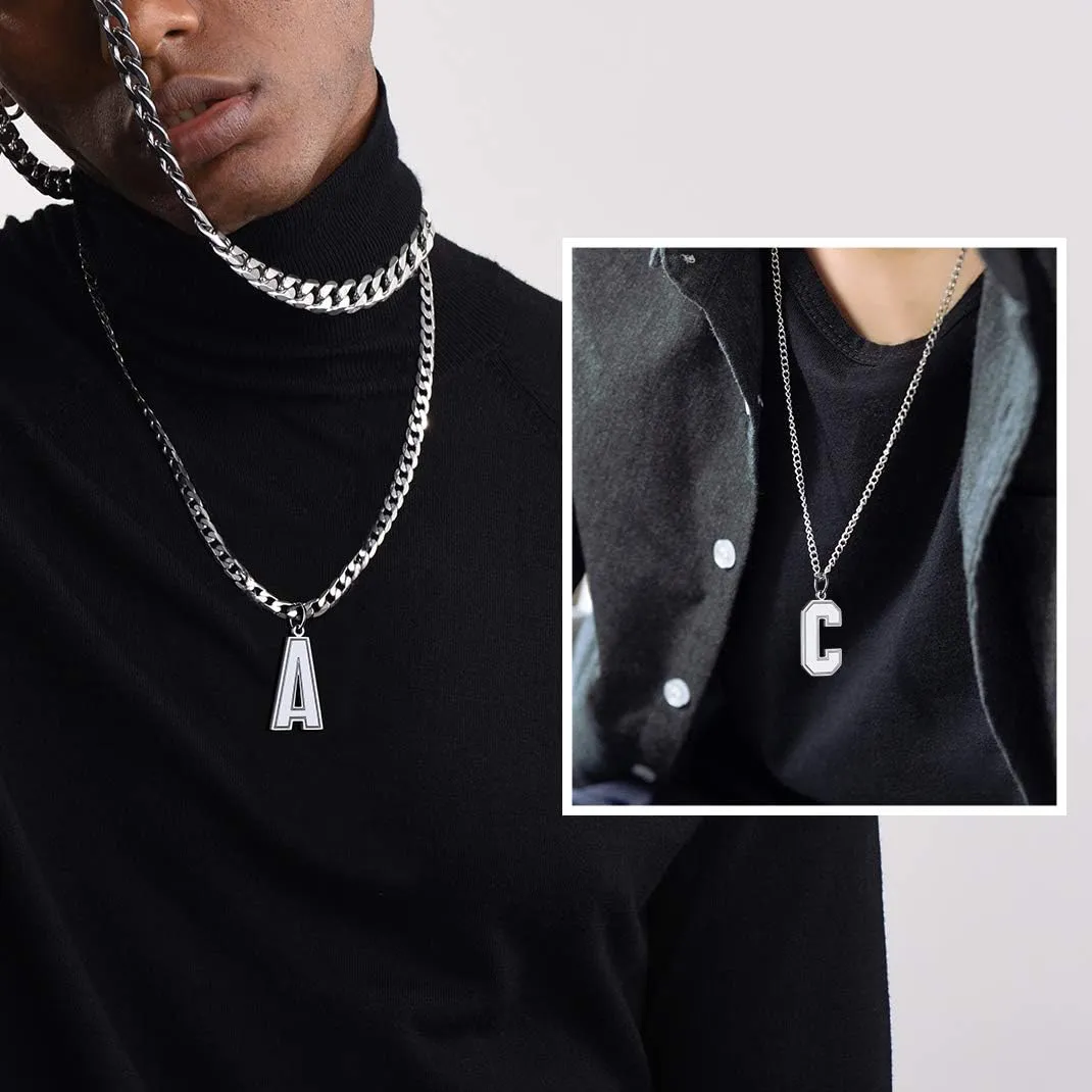 GoldChic Men Initial letter Necklace, Stainless Steel Large Initials Necklace for Sports Men Athletes, Alphabet Pendant with 4mm Cuban Chain