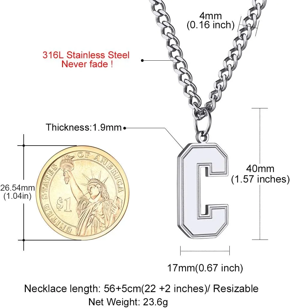 GoldChic Men Initial letter Necklace, Stainless Steel Large Initials Necklace for Sports Men Athletes, Alphabet Pendant with 4mm Cuban Chain