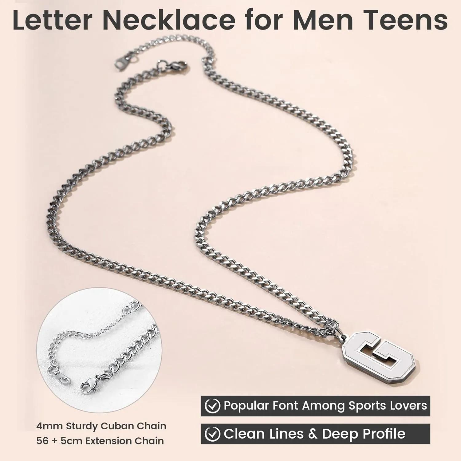 GoldChic Men Initial letter Necklace, Stainless Steel Large Initials Necklace for Sports Men Athletes, Alphabet Pendant with 4mm Cuban Chain