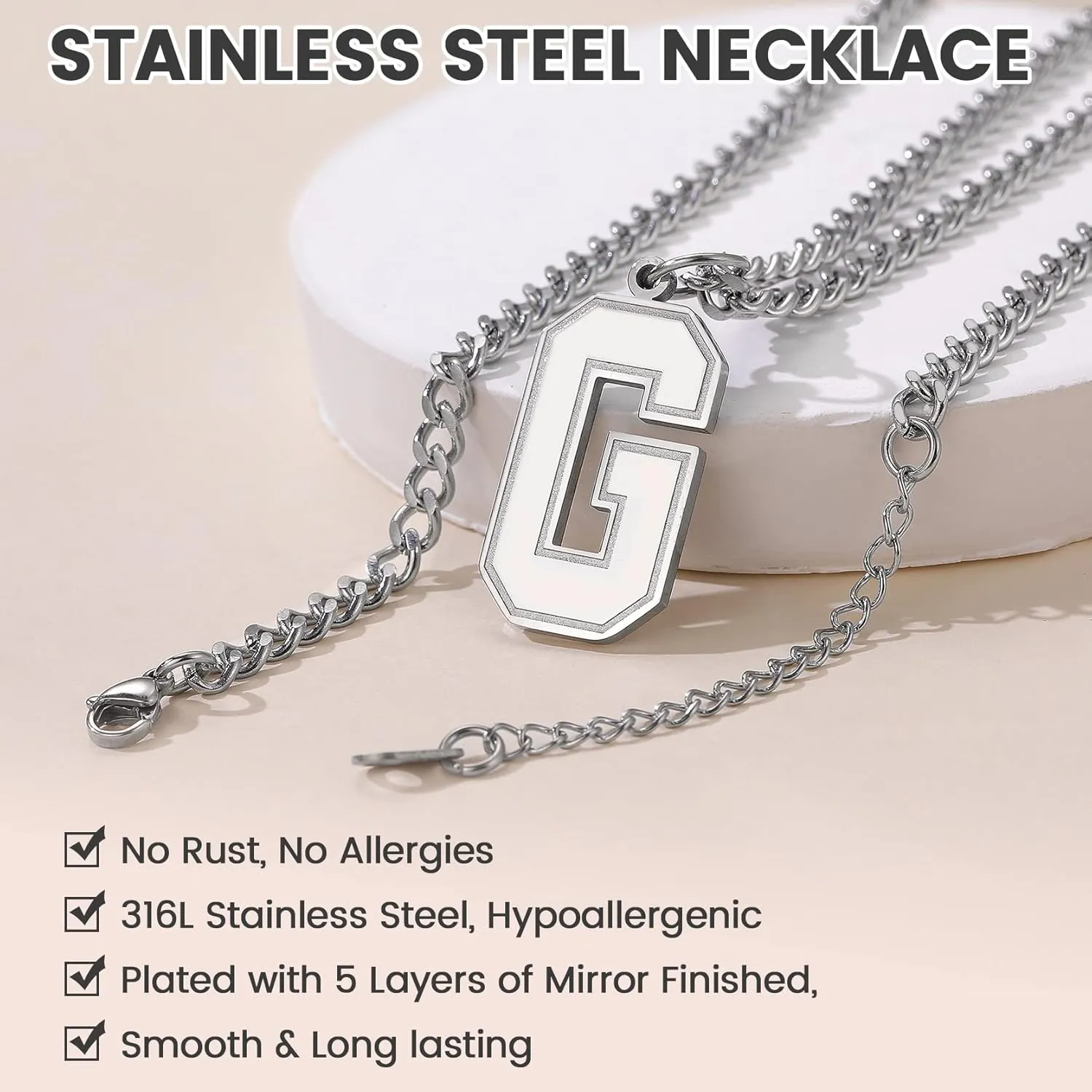 GoldChic Men Initial letter Necklace, Stainless Steel Large Initials Necklace for Sports Men Athletes, Alphabet Pendant with 4mm Cuban Chain