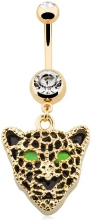 Golden Black Onyx Panther Gem Cubic Zirconia Navel Dangle Belly Button Ring