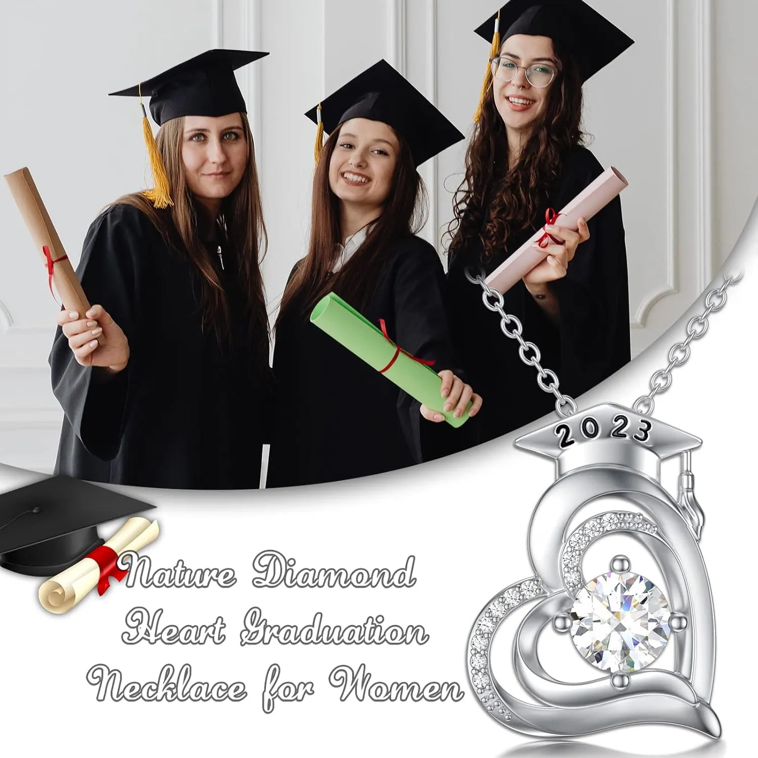 Graduation Gifts for Her,Natural Diamond Heart Necklace for Women,14K White Gold Plated 925 Sterling Silver Class of 2023/2022 Graduation Cap Pendant Graduation Necklaces 18'' 2''
