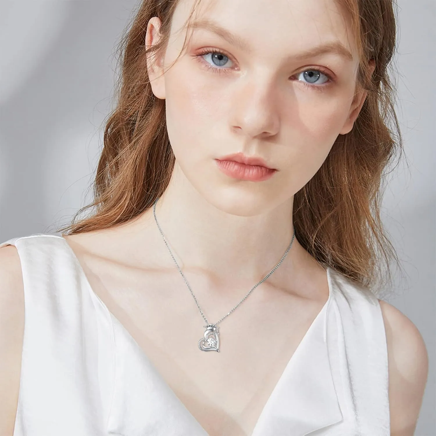 Graduation Gifts for Her,Natural Diamond Heart Necklace for Women,14K White Gold Plated 925 Sterling Silver Class of 2023/2022 Graduation Cap Pendant Graduation Necklaces 18'' 2''