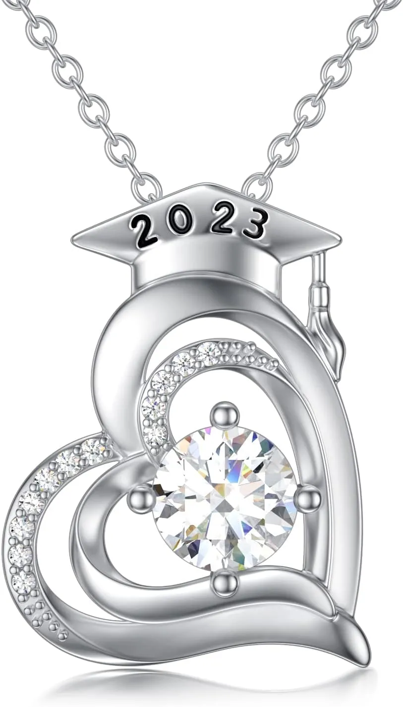Graduation Gifts for Her,Natural Diamond Heart Necklace for Women,14K White Gold Plated 925 Sterling Silver Class of 2023/2022 Graduation Cap Pendant Graduation Necklaces 18'' 2''