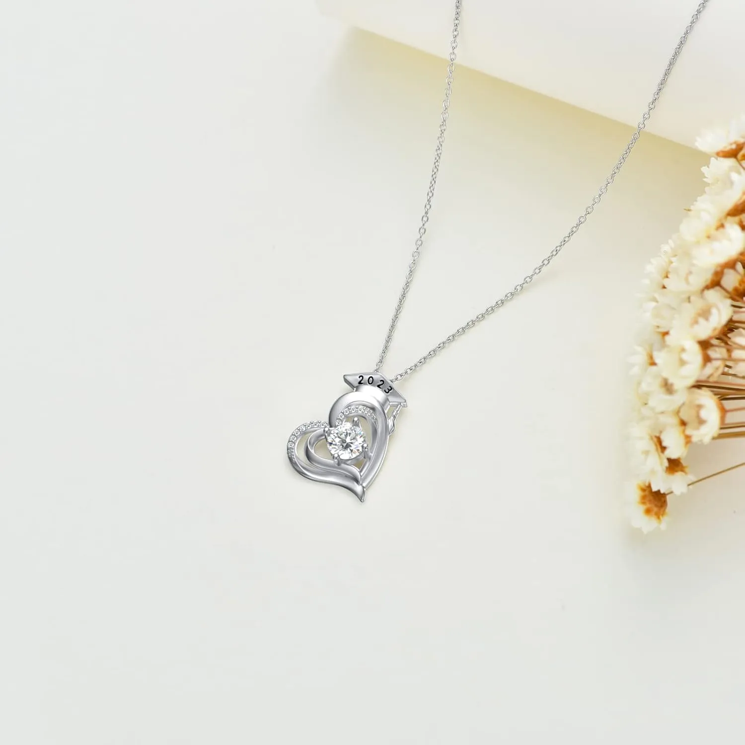 Graduation Gifts for Her,Natural Diamond Heart Necklace for Women,14K White Gold Plated 925 Sterling Silver Class of 2023/2022 Graduation Cap Pendant Graduation Necklaces 18'' 2''
