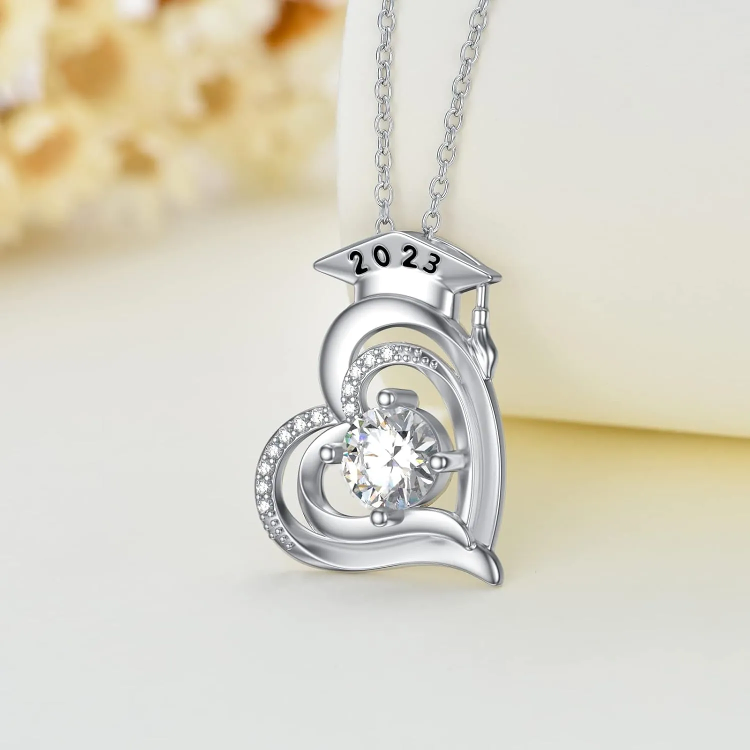 Graduation Gifts for Her,Natural Diamond Heart Necklace for Women,14K White Gold Plated 925 Sterling Silver Class of 2023/2022 Graduation Cap Pendant Graduation Necklaces 18'' 2''