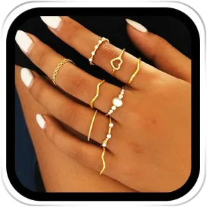 GRAEEN Gold Adjustable Knuckle Finger Rings Set Cute Stackable Ring for Women (Pack of 9) (Style 1)