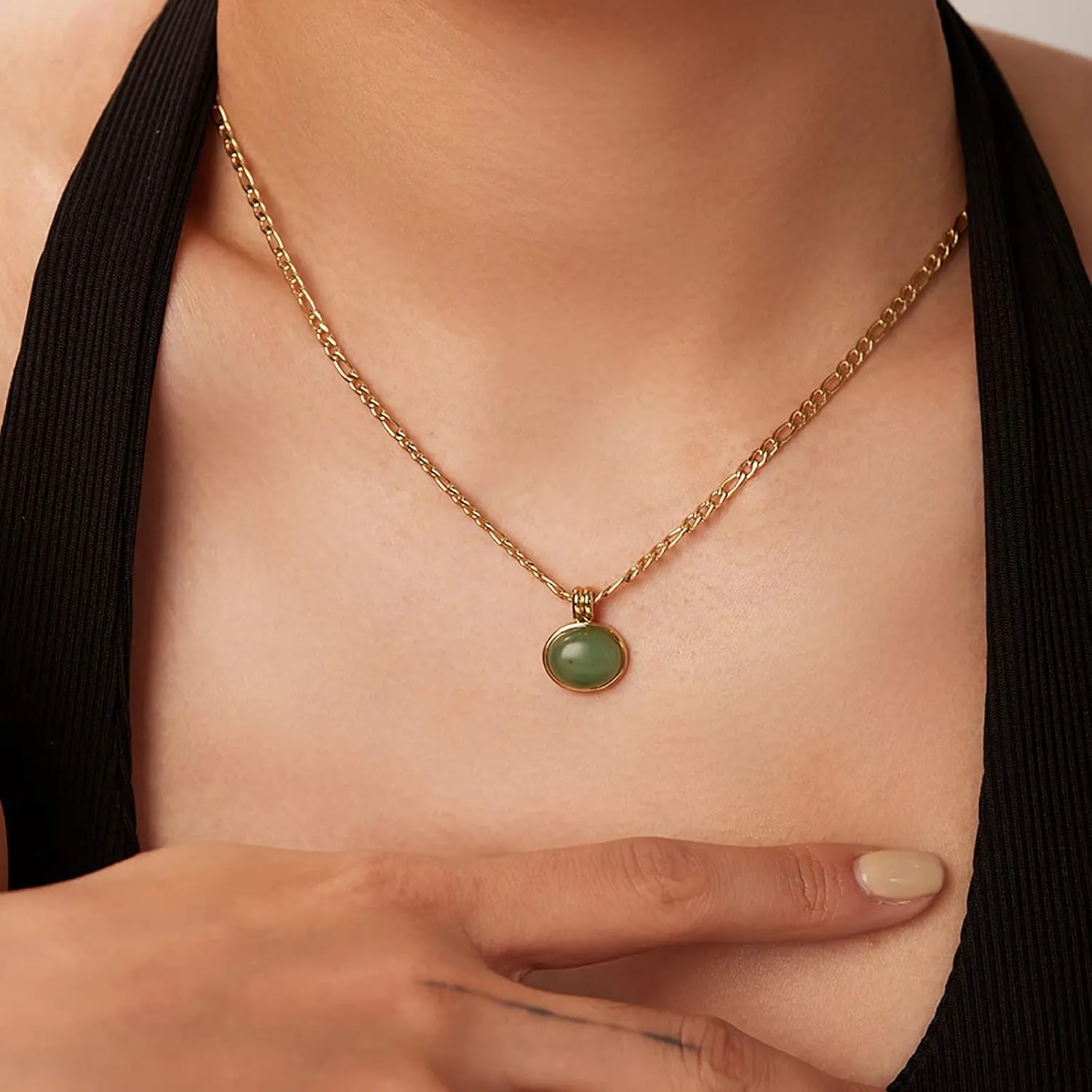 Green Aventurine Necklace for Women Healing Crystal Necklace Figaro Necklace Green Jade Necklaces for Women Mothers Day Gift, 14K Gold Plated, Adjustable