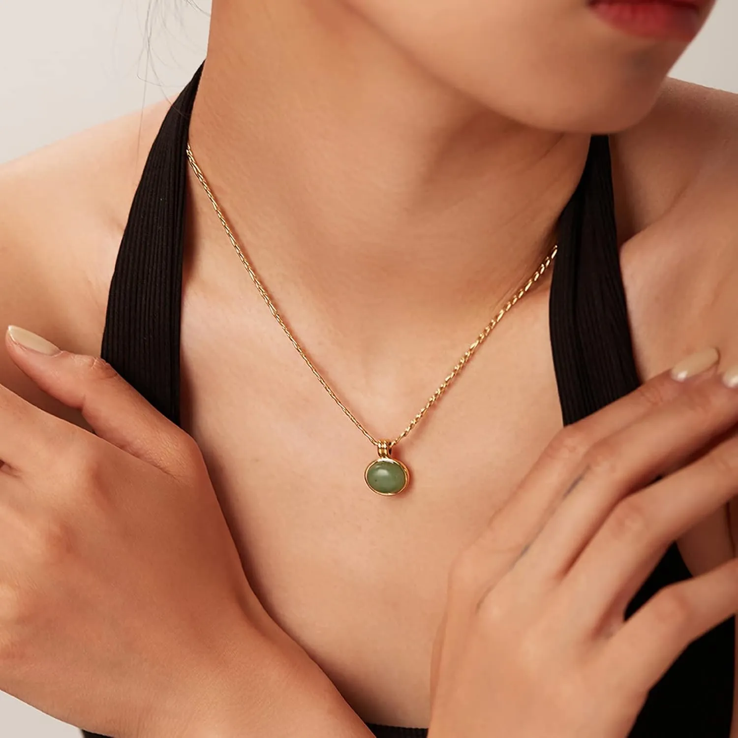 Green Aventurine Necklace for Women Healing Crystal Necklace Figaro Necklace Green Jade Necklaces for Women Mothers Day Gift, 14K Gold Plated, Adjustable