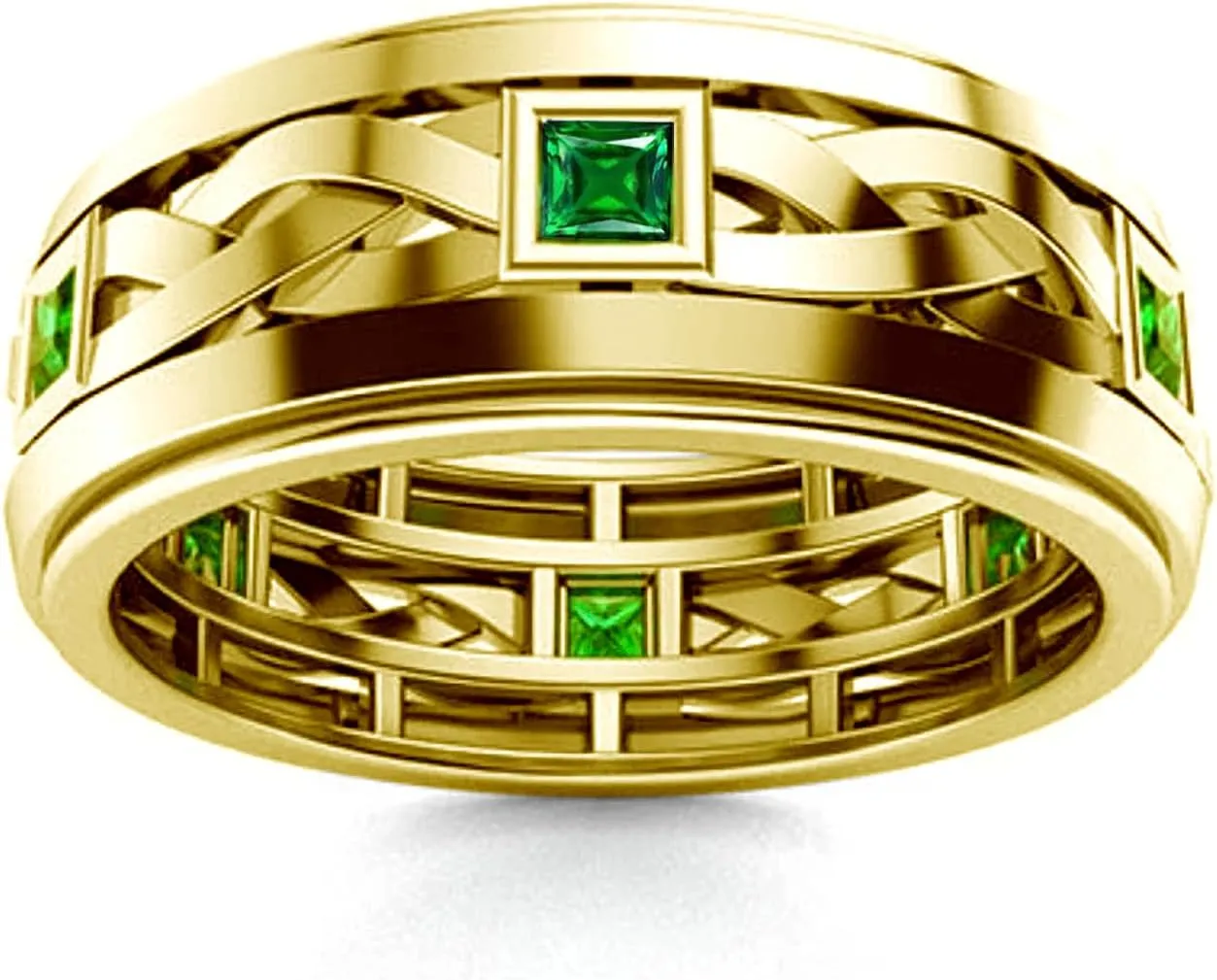 Green Emerald Gold Ring for Men 10K 14K 18K Real Yellow Gold Eternity Band Ring Luxury Emerald Ring Green Gemstone Ring for Men Engagement Wedding Fathers Day Size 4 to 16