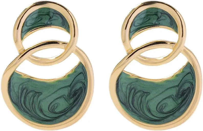 Green Forest Stud Earrings for Women Irregular Double Circle Enamel Drip Glaze Fashion Gifts for Girlfriend