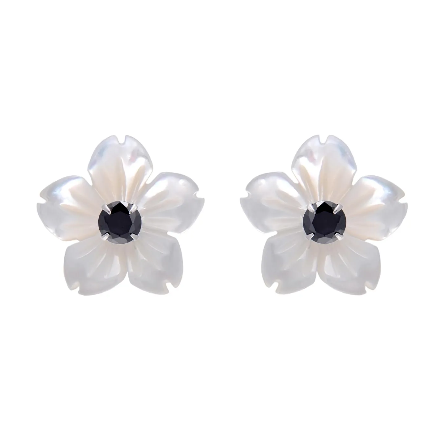 Hand Carved Flower Shell Earring Jacket with 3MM Black Cubic Zirconia Sterling Silver Studs
