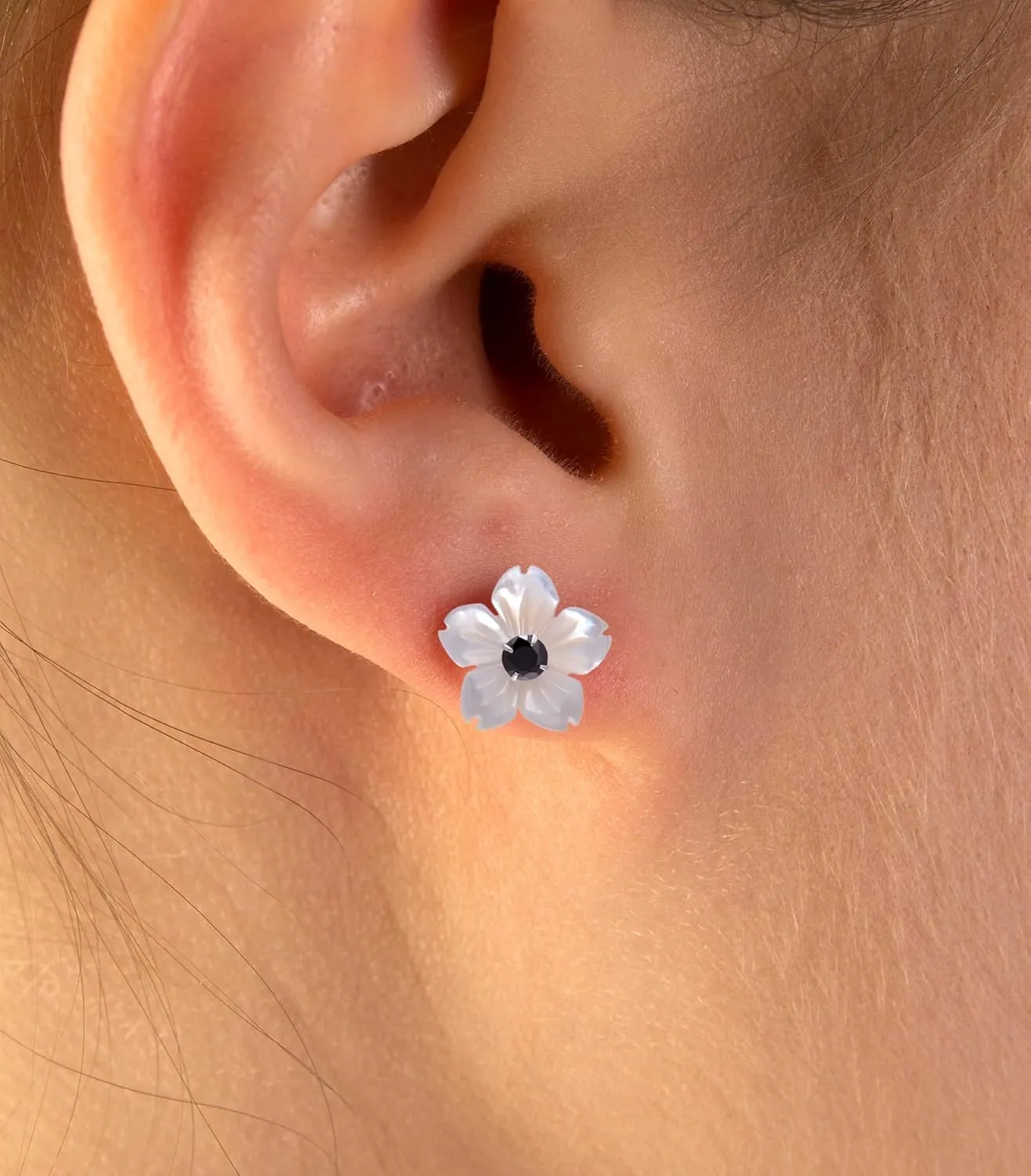 Hand Carved Flower Shell Earring Jacket with 3MM Black Cubic Zirconia Sterling Silver Studs