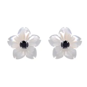 Hand Carved Flower Shell Earring Jacket with 3MM Black Cubic Zirconia Sterling Silver Studs