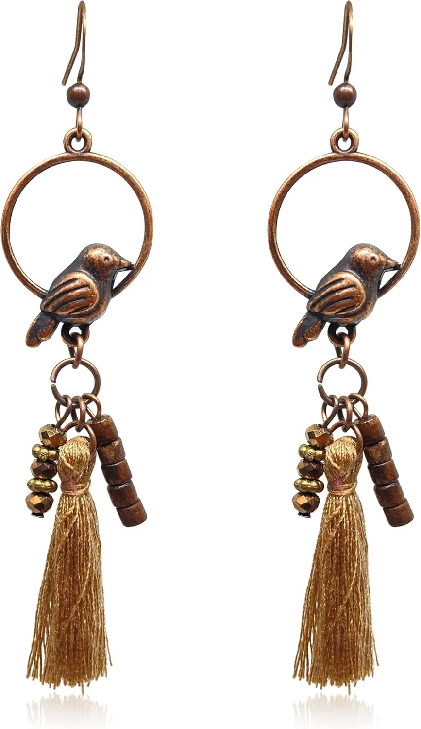 Handmade Antiqued Wooden Round Earrings for Women Girls Vintage Bohemian Ethnic Geometric Dangle Drop Earrings Ethnic Tribal Style Statement Jewelry Gifts