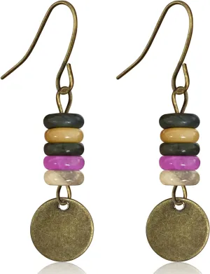 Handmade Bohemian Tribal Stone Vintage Copper Disc Dangle Drop Earrings National Style Color Beaded Alloy Geometry Hook Earrings for Women