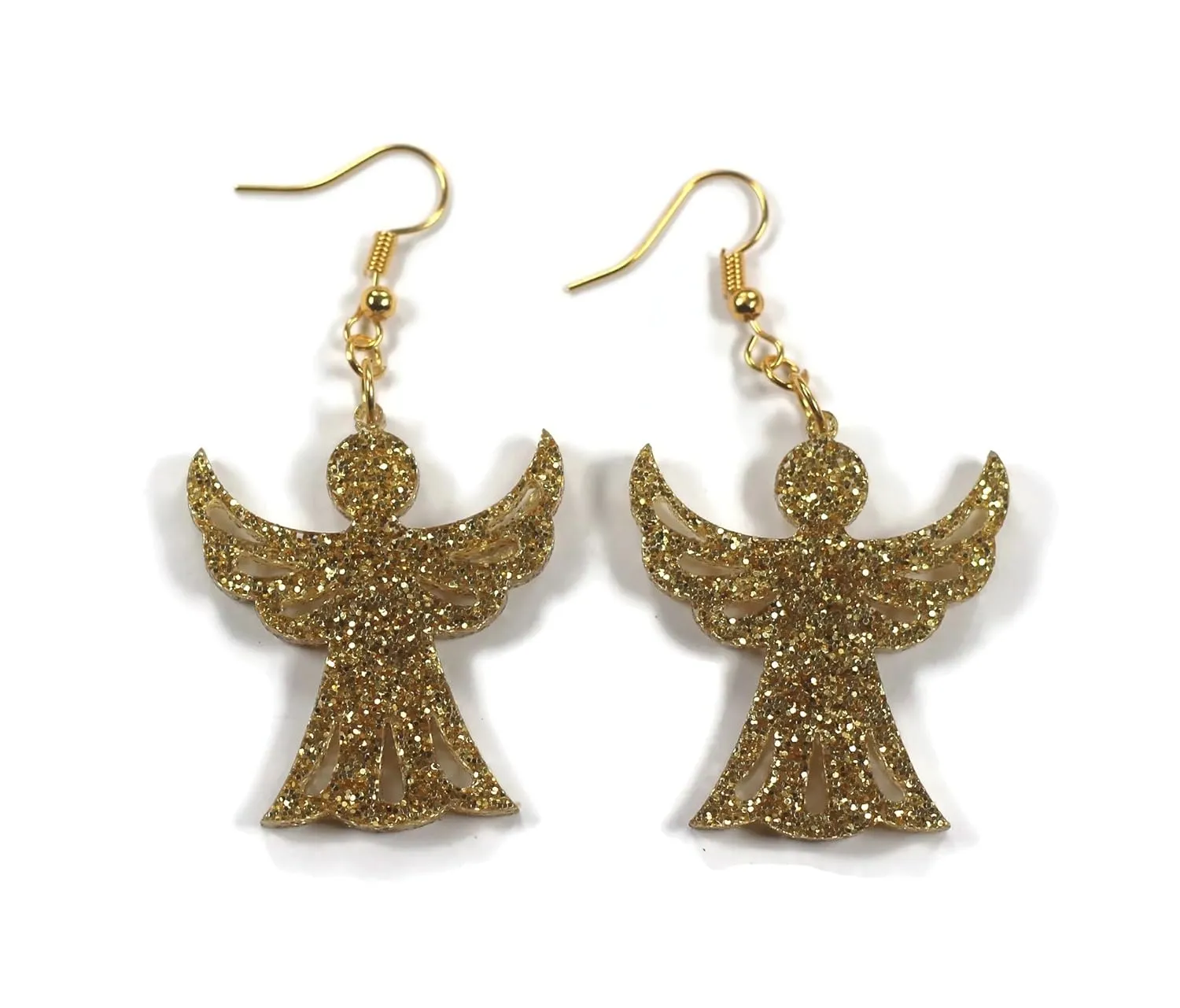 Handmade Christmas Christmas Angel Earrings, Cut from Holiday Gold Acrylic, Lightweight and Fun, Great Gift for Women and Girls