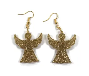 Handmade Christmas Christmas Angel Earrings, Cut from Holiday Gold Acrylic, Lightweight and Fun, Great Gift for Women and Girls