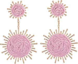 Handmade Raffia Dangle Earring - Boho Statement Sunburst Earrings for Summer Beach Vacation