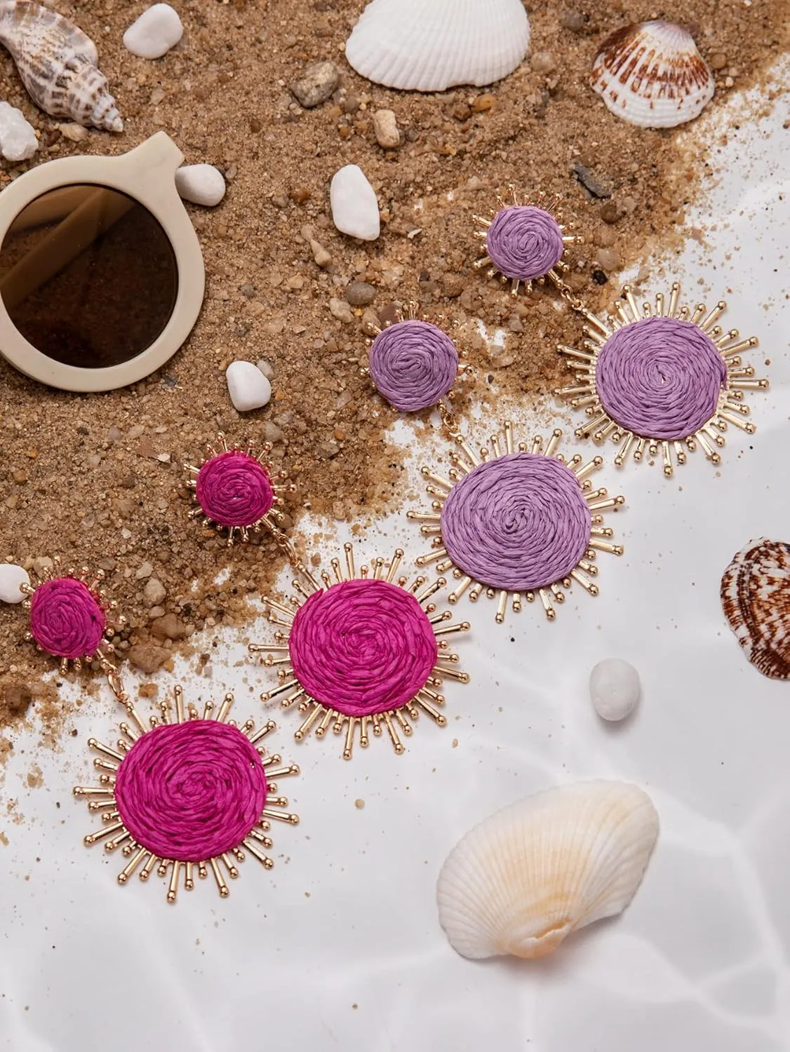Handmade Raffia Dangle Earring - Boho Statement Sunburst Earrings for Summer Beach Vacation
