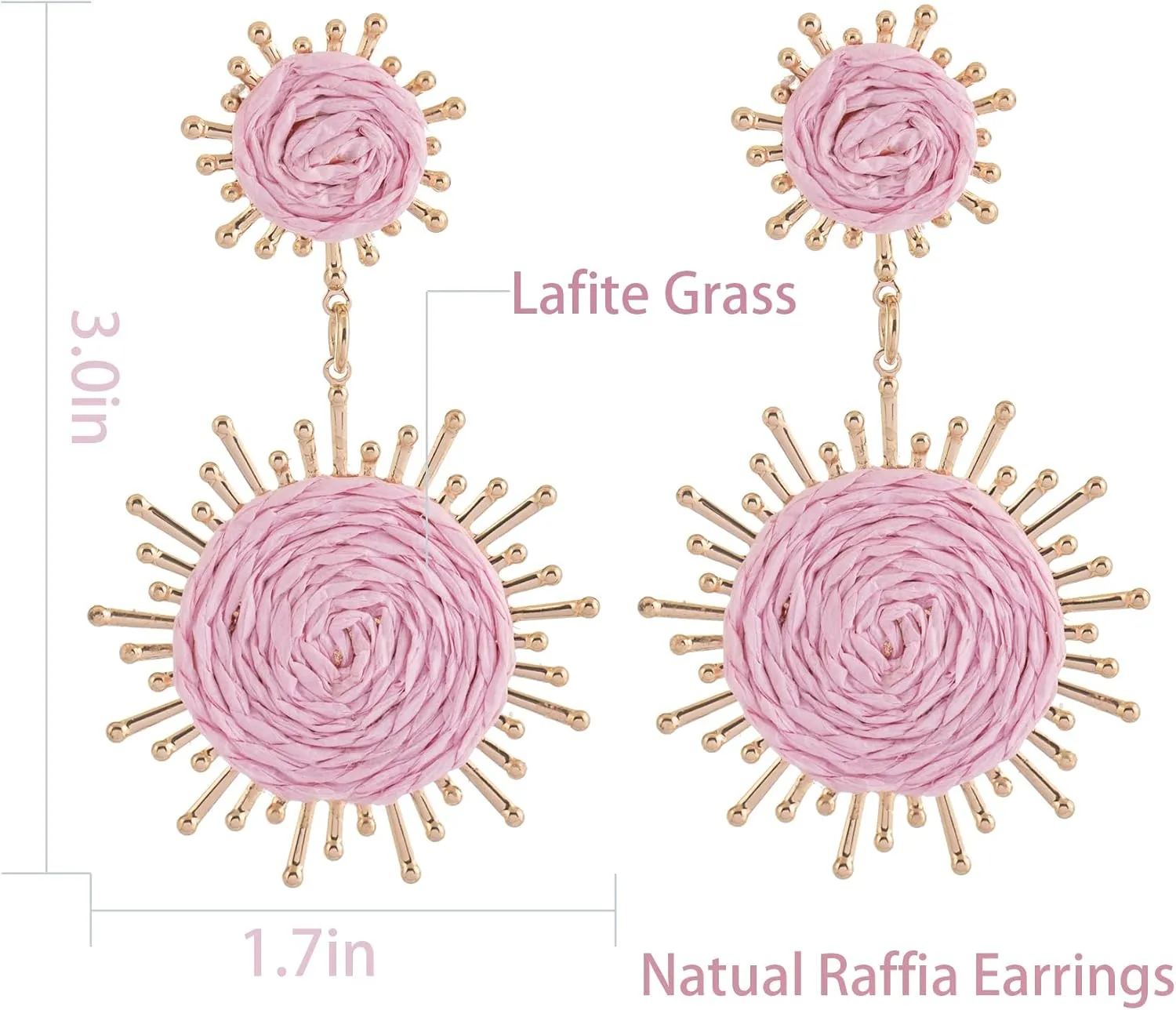 Handmade Raffia Dangle Earring - Boho Statement Sunburst Earrings for Summer Beach Vacation