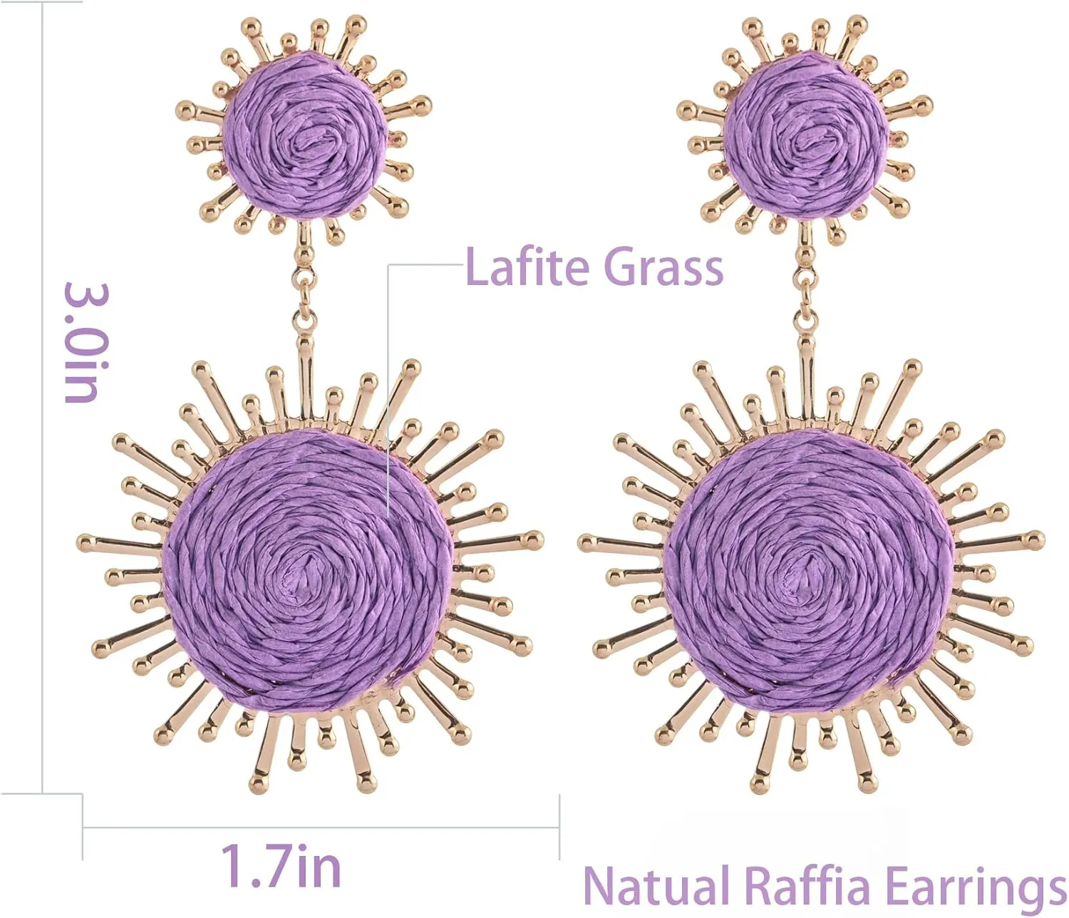 Handmade Raffia Dangle Earring - Boho Statement Sunburst Earrings for Summer Beach Vacation