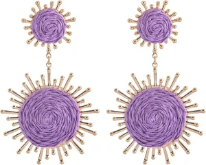 Handmade Raffia Dangle Earring - Boho Statement Sunburst Earrings for Summer Beach Vacation