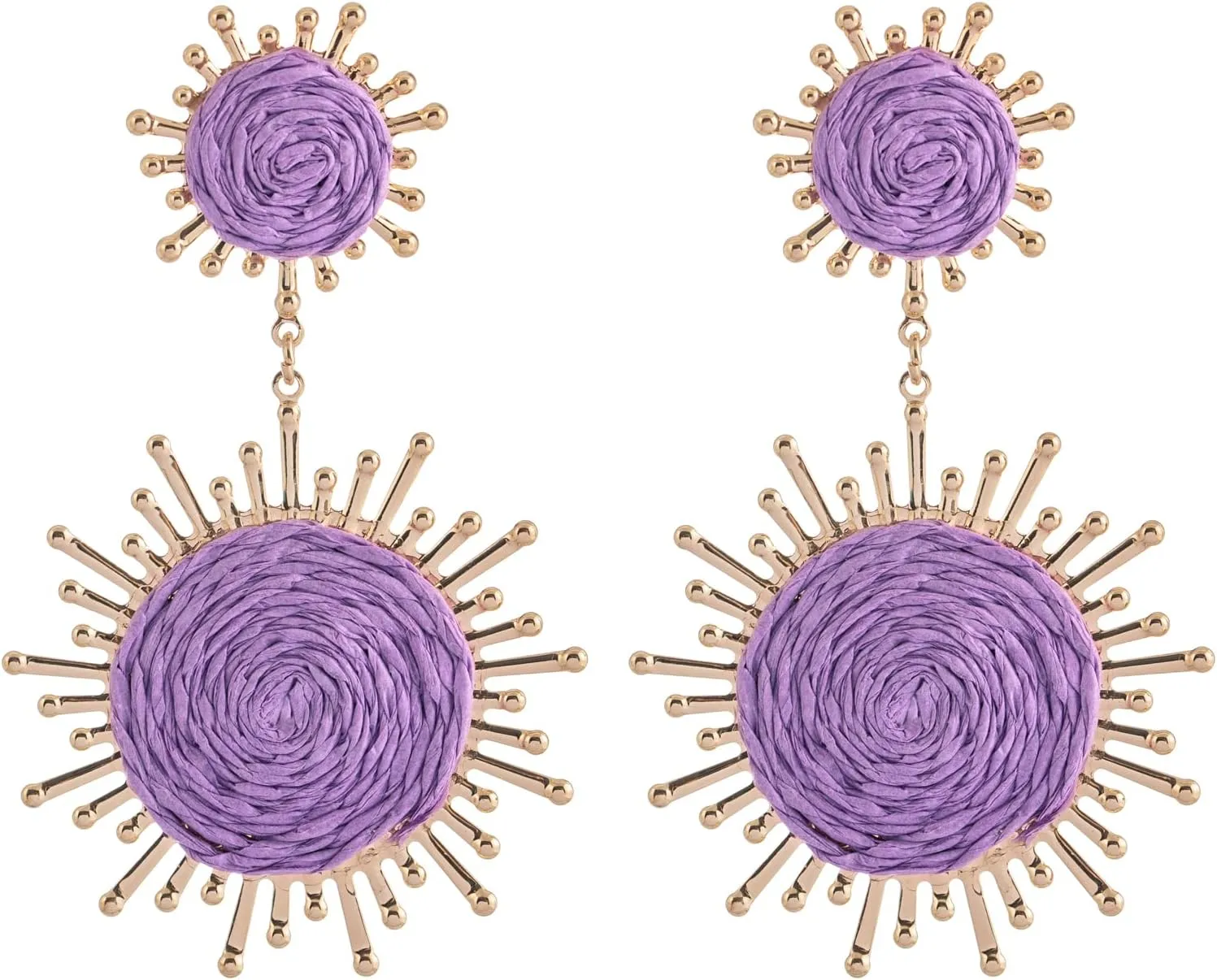 Handmade Raffia Dangle Earring - Boho Statement Sunburst Earrings for Summer Beach Vacation