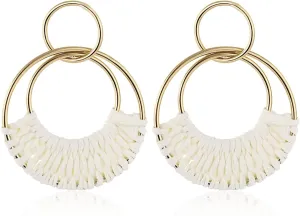 Handmade Raffia Hoop Earrings Statement Tropical Bohemian Straw Dangle Earrings Natural Rattan Vacation Style Round Earrings for Women Summer Beach Party Essential Jewelry