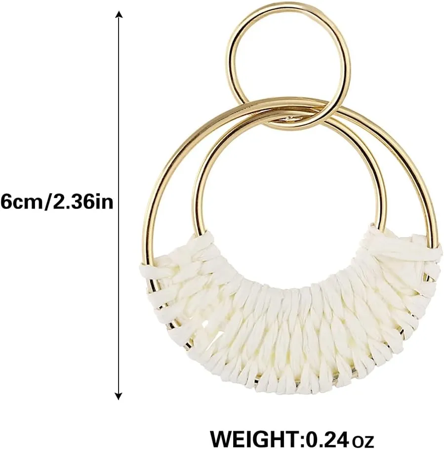 Handmade Raffia Hoop Earrings Statement Tropical Bohemian Straw Dangle Earrings Natural Rattan Vacation Style Round Earrings for Women Summer Beach Party Essential Jewelry