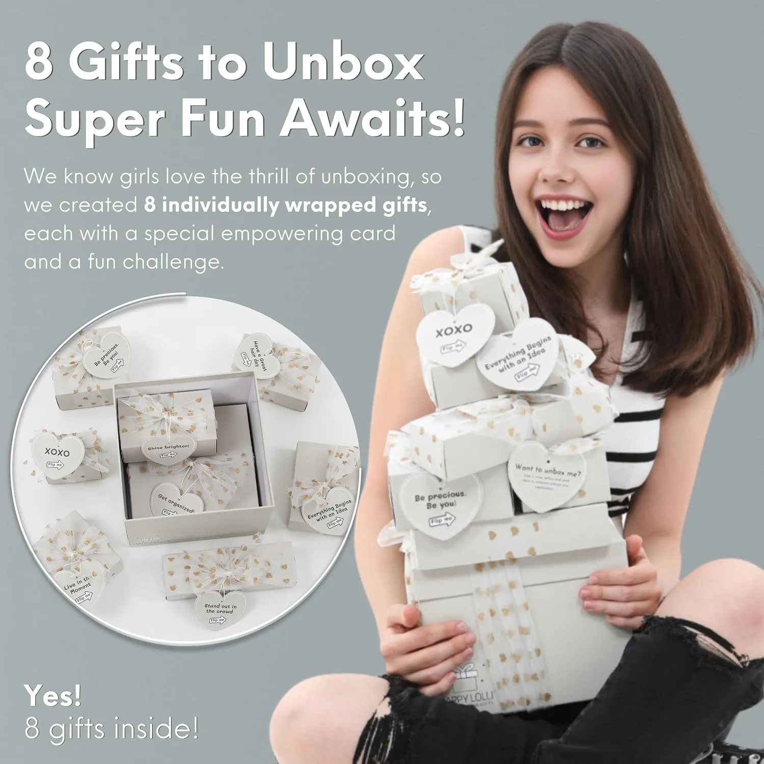 HAPPY LOLLI Gift Basket for Tween & Teen Girls  8 Trendy Gifts with Tasks & Empowering Cards  Great for Birthdays.