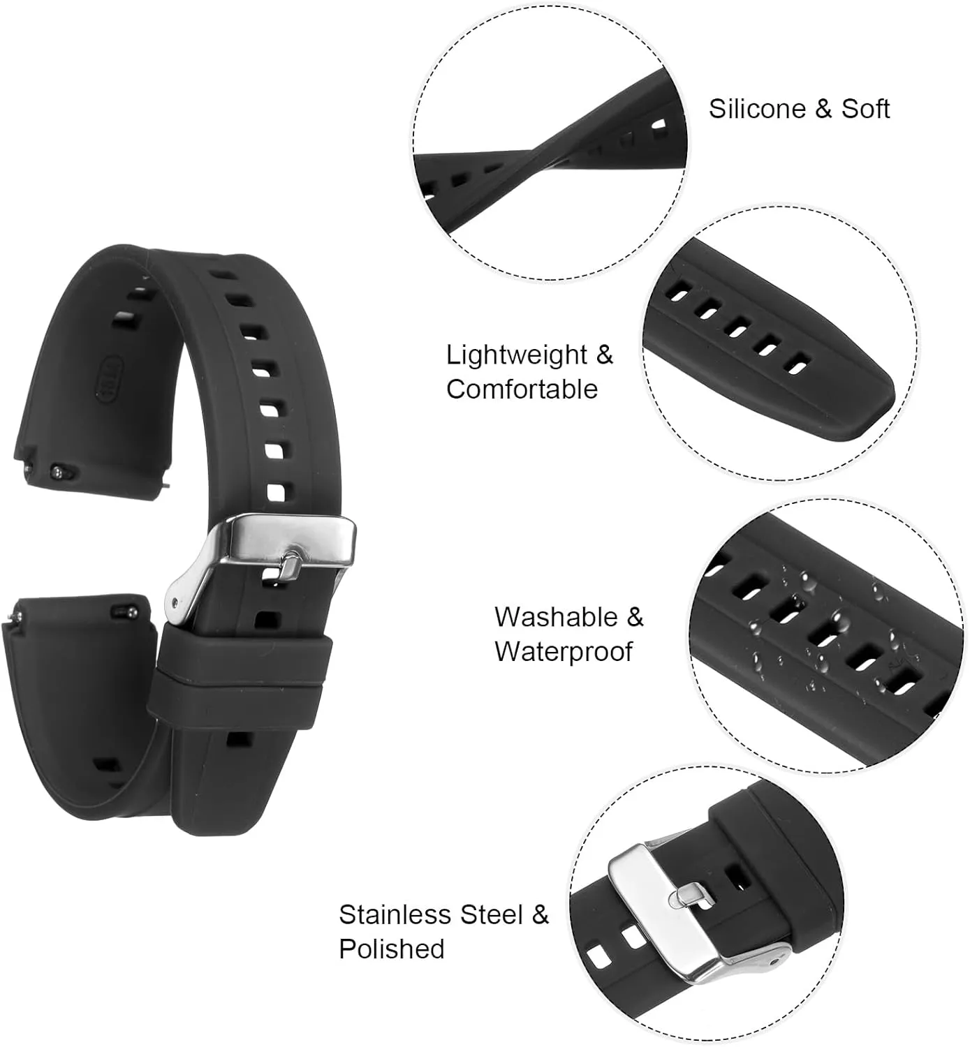 HARFINGTON Silicone Watch Band Quick Release Flexible Soft Rubber Replacement Watch Strap with Stainless Steel Black Clasp for Men Women