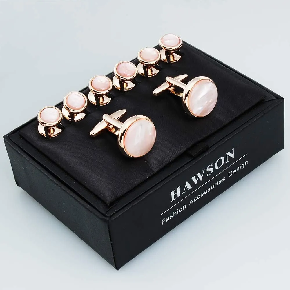 HAWSON Cufflinks and Tuxedo Studs Set for Men with Gift Box, Mother-of-Pearl Cuff links for French Cuff Shirt and Dress Shirt, Suitable for Wedding, Birthday, Party
