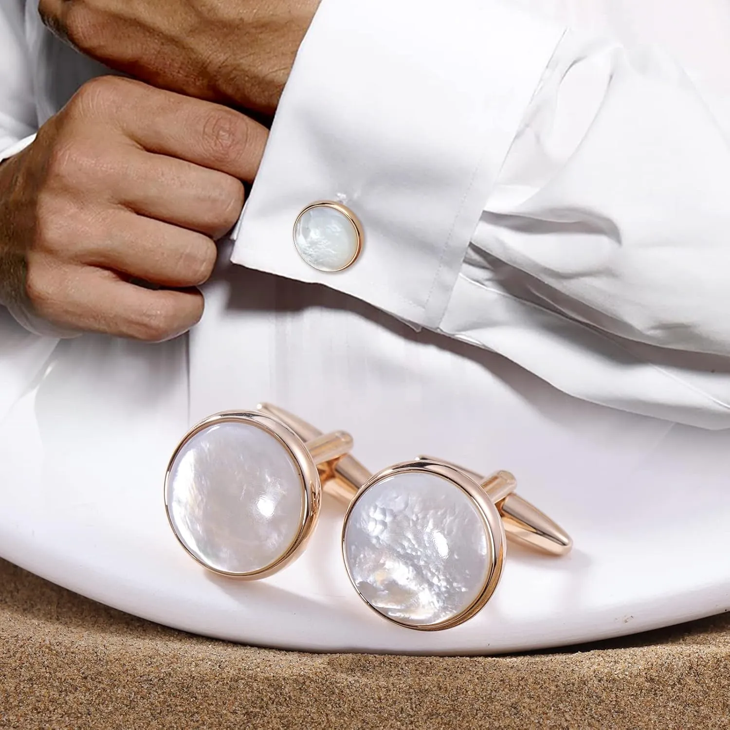 HAWSON Cufflinks and Tuxedo Studs Set for Men with Gift Box, Mother-of-Pearl Cuff links for French Cuff Shirt and Dress Shirt, Suitable for Wedding, Birthday, Party