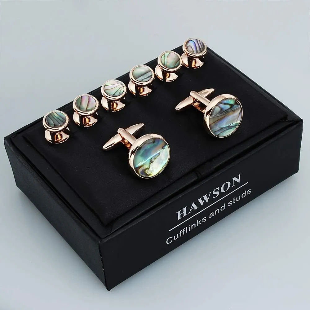 HAWSON Cufflinks and Tuxedo Studs Set for Men with Gift Box, Mother-of-Pearl Cuff links for French Cuff Shirt and Dress Shirt, Suitable for Wedding, Birthday, Party