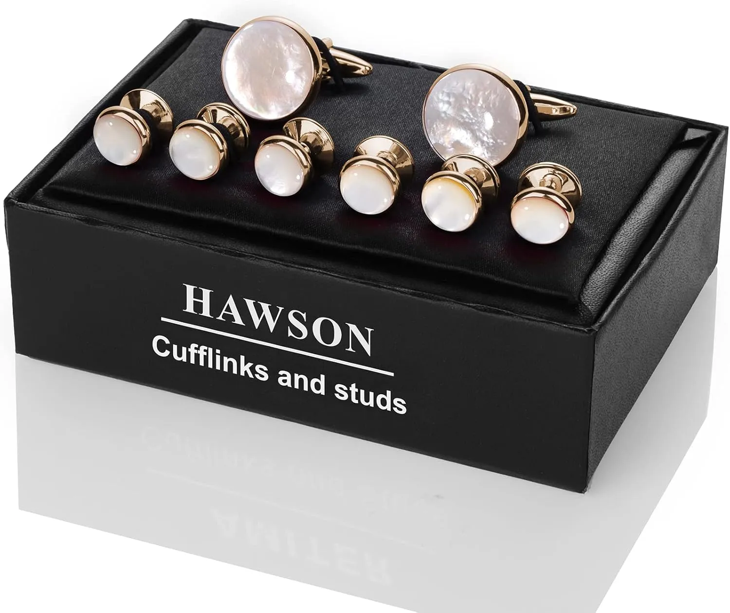 HAWSON Cufflinks and Tuxedo Studs Set for Men with Gift Box, Mother-of-Pearl Cuff links for French Cuff Shirt and Dress Shirt, Suitable for Wedding, Birthday, Party