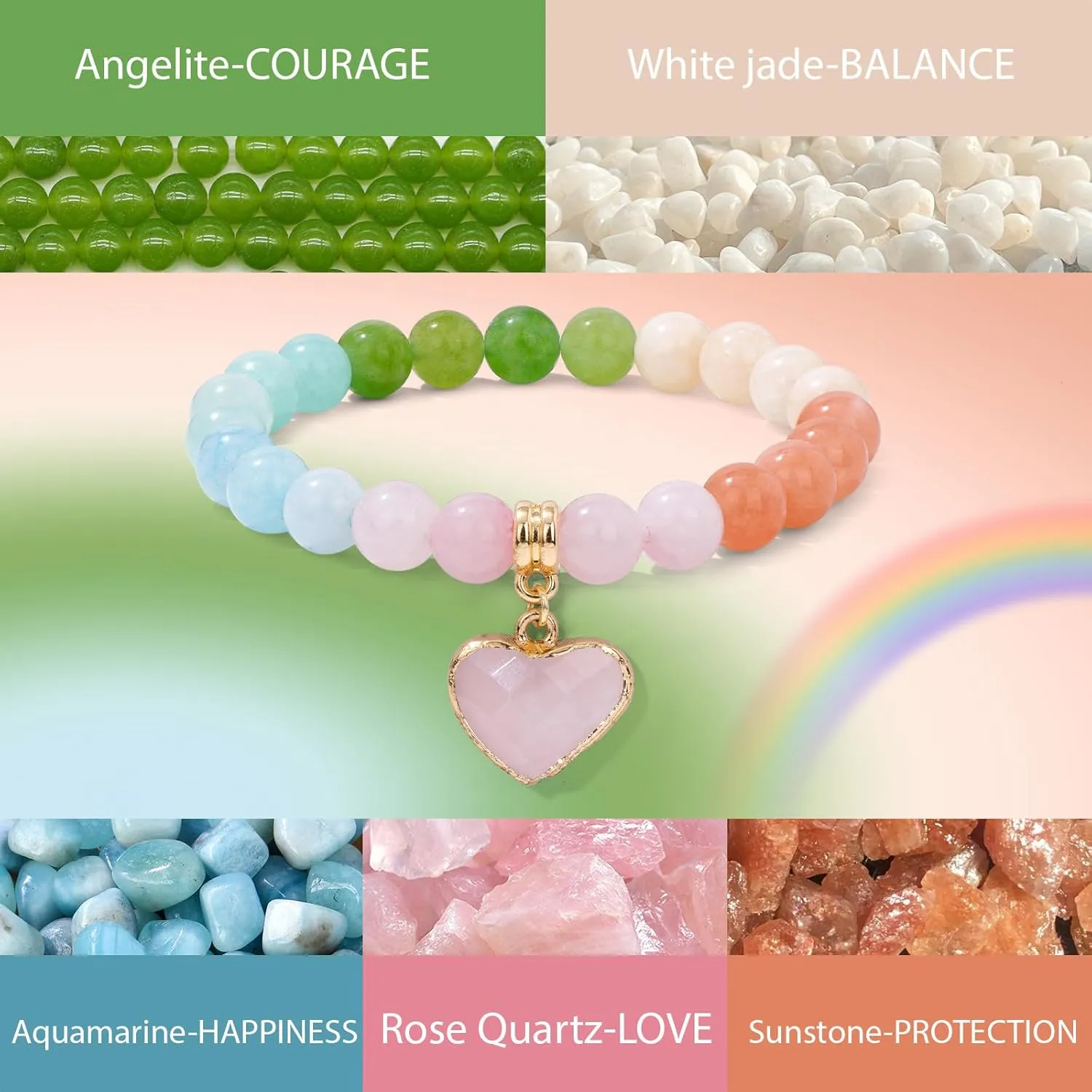 Healing Crystal Bracelet, Natural Spiritual Gemstone Bead Bracelet 8MM Purple Amethyst Heart Charm Stretch Bracelet Relief Depression Anxiety Stress Inspirational Jewelry Gifts with Wish Card for Women