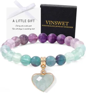 Healing Crystal Bracelet, Natural Spiritual Gemstone Bead Bracelet 8MM Purple Amethyst Heart Charm Stretch Bracelet Relief Depression Anxiety Stress Inspirational Jewelry Gifts with Wish Card for Women