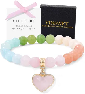Healing Crystal Bracelet, Natural Spiritual Gemstone Bead Bracelet 8MM Purple Amethyst Heart Charm Stretch Bracelet Relief Depression Anxiety Stress Inspirational Jewelry Gifts with Wish Card for Women