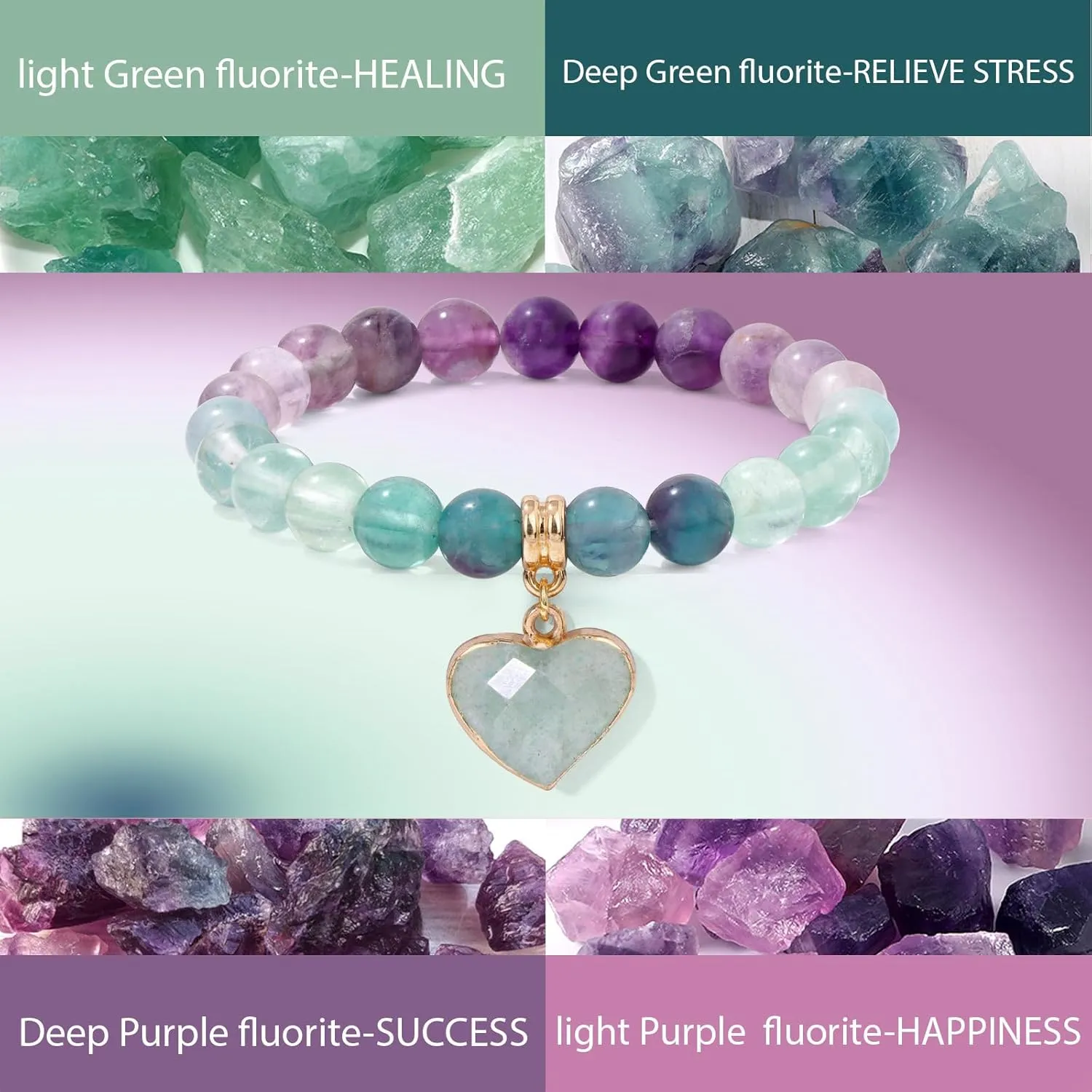 Healing Crystal Bracelet, Natural Spiritual Gemstone Bead Bracelet 8MM Purple Amethyst Heart Charm Stretch Bracelet Relief Depression Anxiety Stress Inspirational Jewelry Gifts with Wish Card for Women