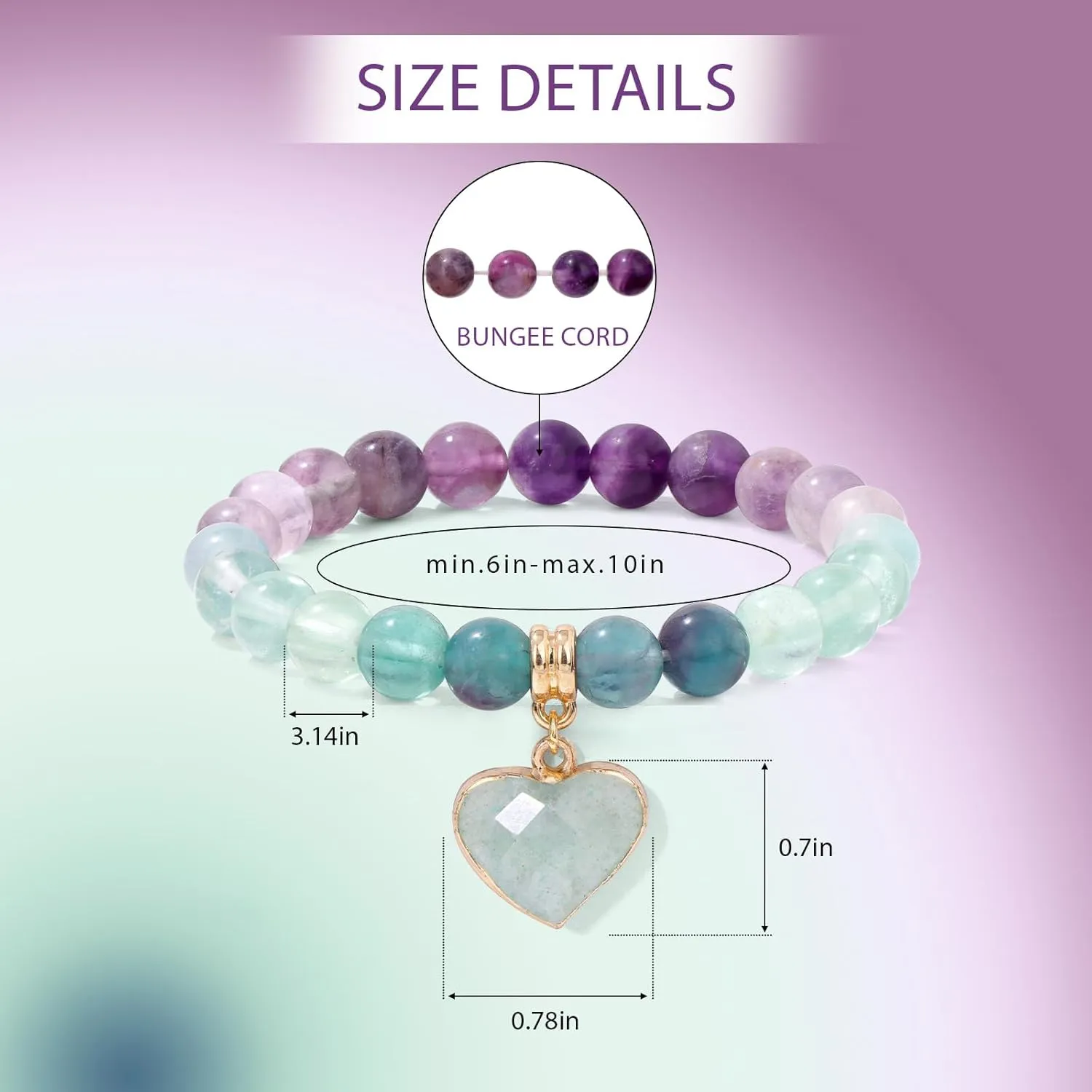 Healing Crystal Bracelet, Natural Spiritual Gemstone Bead Bracelet 8MM Purple Amethyst Heart Charm Stretch Bracelet Relief Depression Anxiety Stress Inspirational Jewelry Gifts with Wish Card for Women
