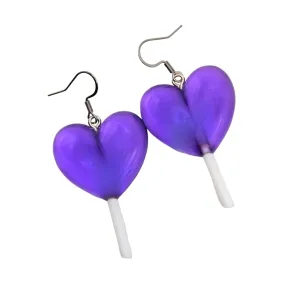 Heart Lollipop Earrings | Resin Candy Charms | Cute Valentines Day Gift For Women Girls | Stainless Steel Ear Hooks | Colorful Food Jewelry (Purple)