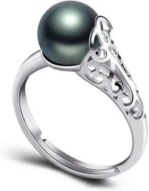 HETICA Black Pearl Rings for Women, Sliver 8mm Black Pearl Rings for Women Adjustable Open Ring Women Fashion Jewelry Gift