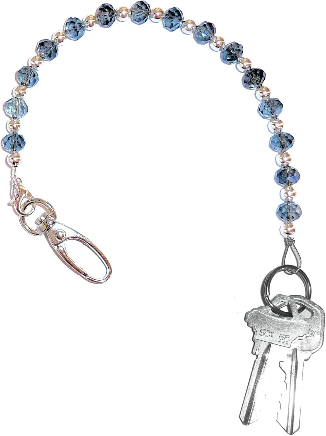 Hidden Hollow Beads Key Keeper 12" Women's Blue Beaded Hand Strap Chain Finder Organizer Wallet Purse Holder Anti-Lost Ring