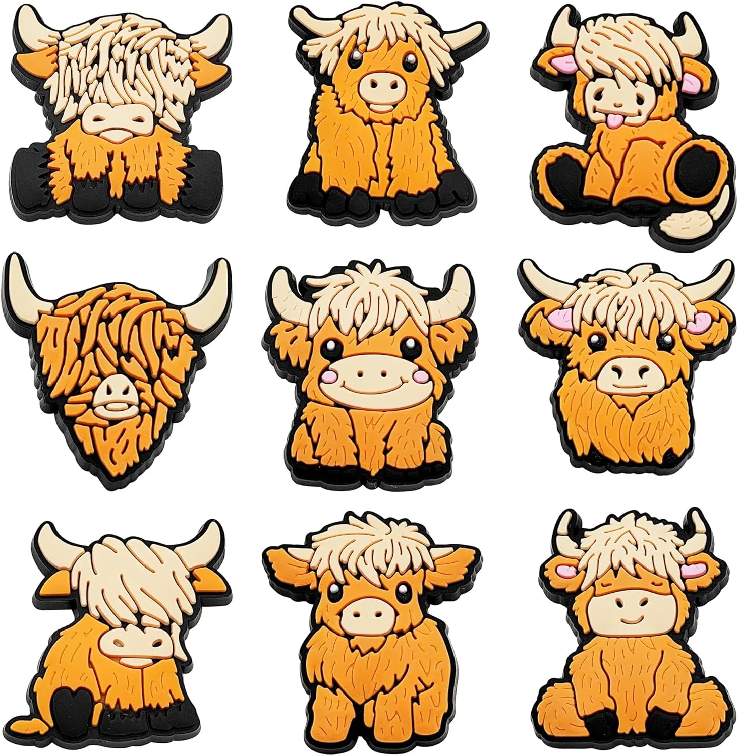 Highland Cow Shoe Decoration - 9 Pcs Pack Cute and Fun Cow Croc Charms for Party Favors and Gifts