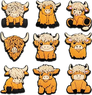 Highland Cow Shoe Decoration - 9 Pcs Pack Cute and Fun Cow Croc Charms for Party Favors and Gifts