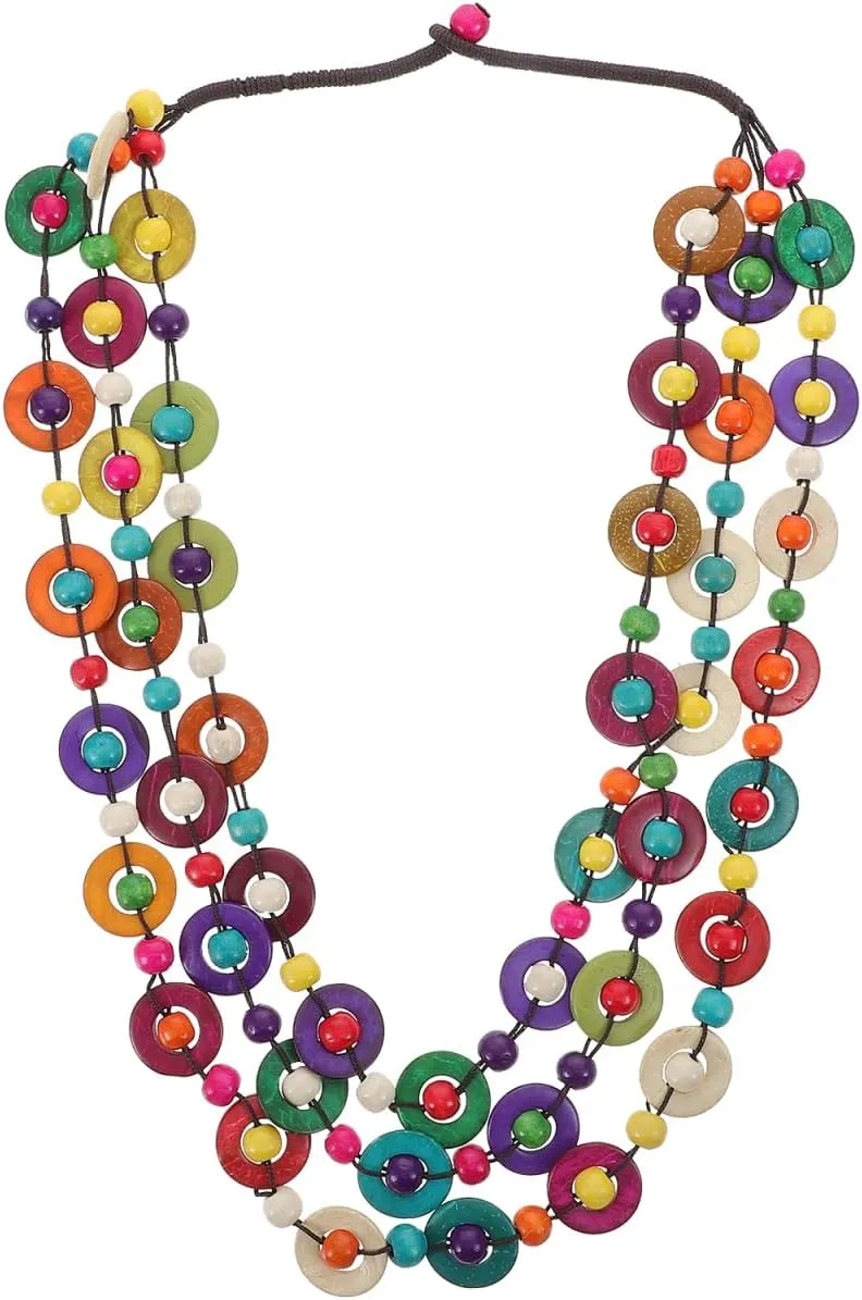 Homoyoyo Multicolor Bohemian Shell Wood Bead Necklace - Multi Layer African Statement Collar for Women - Handmade Beaded Long Adult Necklace