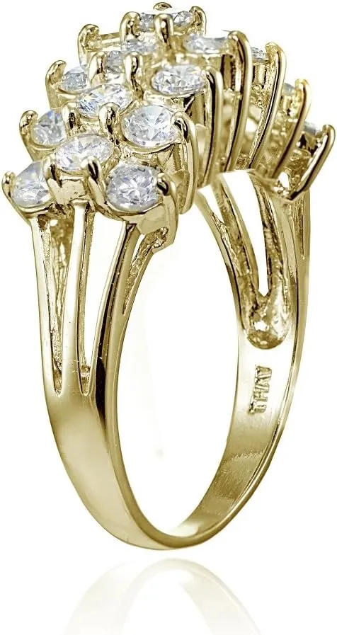 Hoops & Loops 925 Sterling Silver Cubic Zirconia Three Row Half Eternity Anniversary Fashion Statement Wedding Bridal Ring for Women, Silver, Yellow Gold, Rose Gold