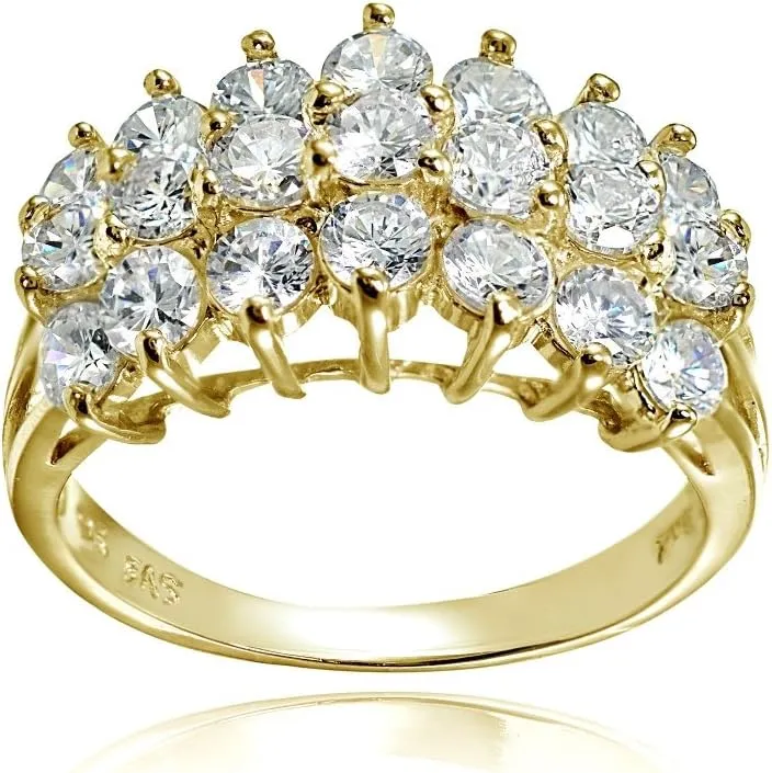 Hoops & Loops 925 Sterling Silver Cubic Zirconia Three Row Half Eternity Anniversary Fashion Statement Wedding Bridal Ring for Women, Silver, Yellow Gold, Rose Gold