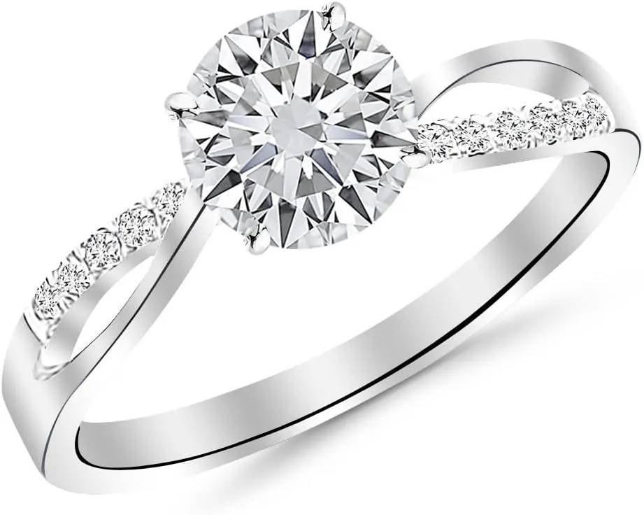 Houston Diamond District 0.58 Ctw 14K White Gold Elegant Twisting Split Shank Engagement Ring w/Round 0.5 Carat Forever One Moissanite Center
